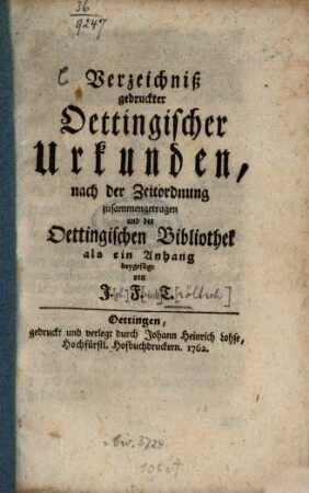 Verzeichniß gedruckter Oettingischer Urkunden