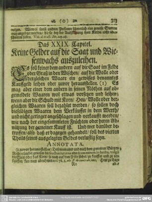 Das XXIX. Capitel. Keine Gelder auf die Saat und Wiesenwachs auszuleihen