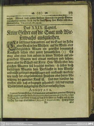 Das XXIX. Capitel. Keine Gelder auf die Saat und Wiesenwachs auszuleihen