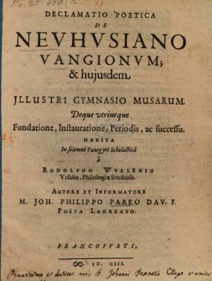 Declamatio poetica de Neuhusiano Vangionum et huiusdem ill. gymnasio Musarum