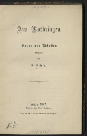 Aus Lothringen : Sagen und Märchen
