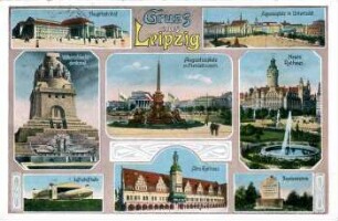 Gruss aus Leipzig: Hauptbahnhof, Augustusplatz m. Universität, Völkerschlachtdenkmal, Augustusplatz m. Mendebrunnen, Neues Rathaus, Luftschiffhalle, Altes Rathaus, Napoleonstein