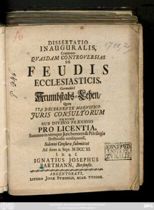 Dissertatio Inauguralis, Continens Qvasdam Controversias De Feudis Ecclesiasticis, Germanicè Krumbstabs-Lehen