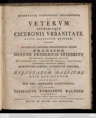 Dissertatio Inavgvralis Philosophica De Vetervm Inprimisqve Ciceronis Vrbanitate Cvivs Sectionem Priorem