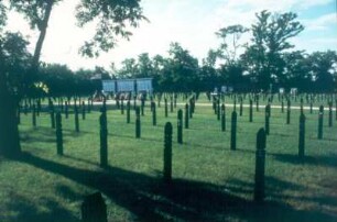 Budapest. Neuer Stadtfriedhof. Parzelle 301. Ehrenfeld mit Gräbern. Nach alter ungarischer Tradition mit oben zugespitzten verzierten Holzstelen
