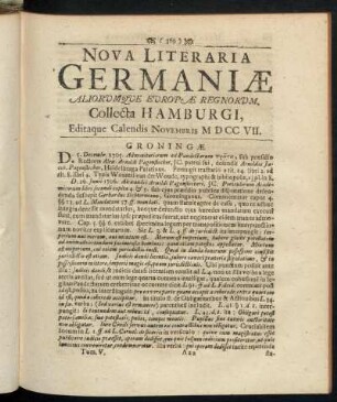 Nova Literaria Germaniæ Aliorumque Europæ Regnorum, Collecta Hamburgi, Editaque Calendis Novembris MDCCVII.