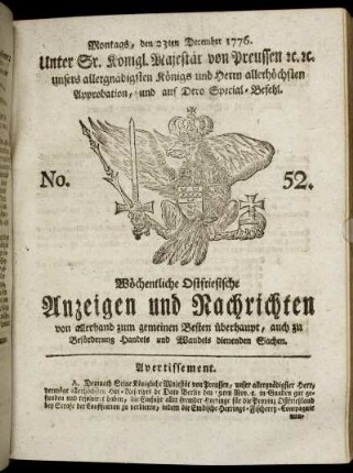 No. 52. Montags, den 23ten December 1776.