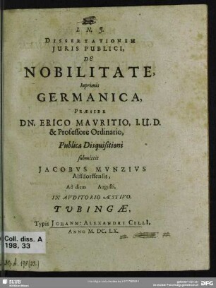 Dissertationem Juris Publici, De Nobilitate, Inprimis Germanica
