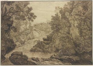 Wasserfall, im Vordergrund drei Angler