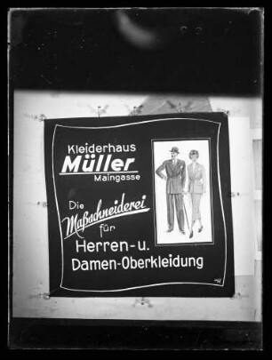 Werbung des Kleiderhauses Müller Maingasse, die Maßschneiderei für Herren- und Damen-Oberbekleidung
