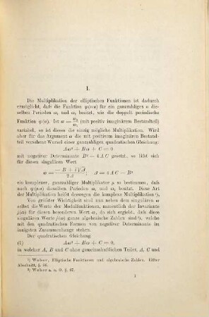 Über die aus der komplexen Multiplikation der elliptischen Funktionen entspringenden algebraischen Gleichungen
