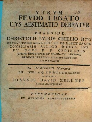 Utrum feudo legato eius aestimatio debeatur
