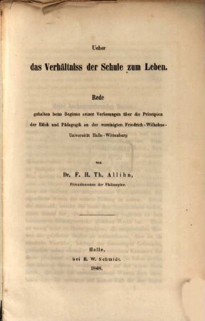 Ueber des Verhältniss der Schule zum Leben