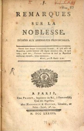 Remarques sur la noblesse : Dédiés aux assemblées provinciales