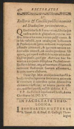 IV. Rectoris & Consilii publici nomine ad Studiosam juventutem.