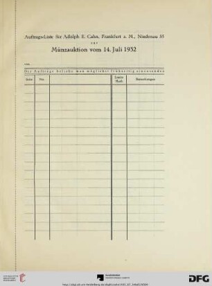 Auftrags-Liste für Adolph E. Cahn, Frankfurt a.M., Niedenau 55