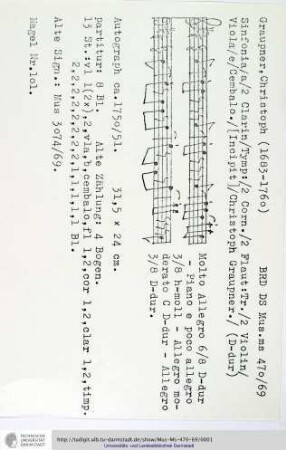 Sinfonia / a / 2 Clarin / Tymp: / 2 Corn. / 2 Flaut: Tr. / 2 Violin / Viola / e / Cembalo. / [Incipit] / Christoph Graupner.