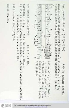 Sinfonia / a / 2 Clarin / Tymp: / 2 Corn. / 2 Flaut: Tr. / 2 Violin / Viola / e / Cembalo. / [Incipit] / Christoph Graupner.