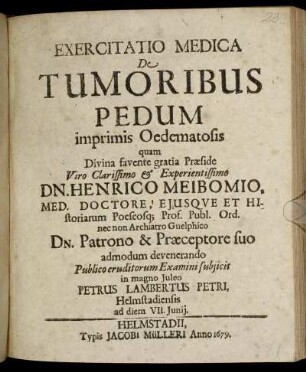 Exercitatio Medica De Tumoribus Pedum imprimis Oedematosis