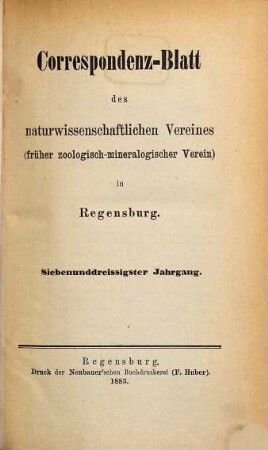 Correspondenzblatt des Naturwissenschaftlichen Vereines in Regensburg. 37. 1883