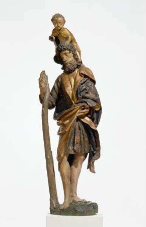 Schreitender Heiliger Christophorus, mit der Rechten auf einen Baumstamm gestützt, das Christuskind auf seinen Schultern tragend