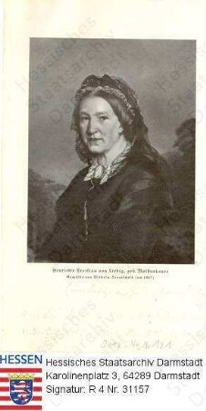 Liebig, Henriette Freifrau v. geb. Moldenhauer (1807-1881) / Porträt vor Landschaftskulisse, rechtsgewandt, vorblickend, Brustbild
