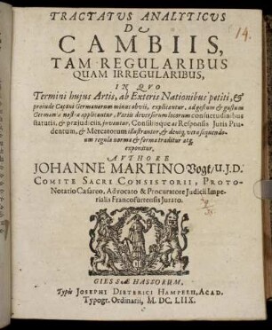 Tractatus Analyticus De Cambiis, Tam Regularibus Quam Irregularibus