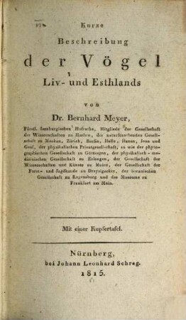 Kurze Beschreibung der Vögel liv- und Esthlands