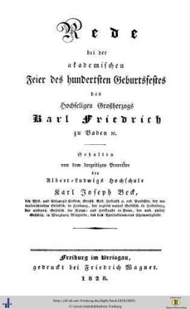 Rede bei der akademischen Feier des hundertsten Geburtsfestes des hochseligen Großherzogs Carl Friedrich zu Baden