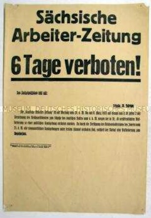 Sonderausgabe der kommunistischen Tageszeitung "Sächsische Arbeiter-Zeitung" mit der Bekanntgabe des befristeten Verbots nach dem Reichstagsbrand