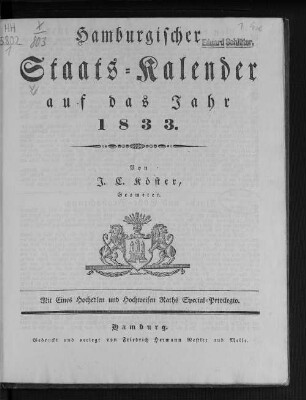 1833: Hamburgischer Staats-Kalender : auf das Jahr