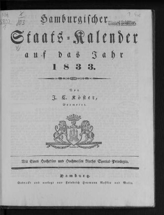 1833: Hamburgischer Staats-Kalender : auf das Jahr
