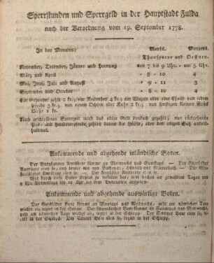Sperrstunden und Sperrgeld in der Hauptstadt Fulda nach der Verordnung vom 19. September 1778.