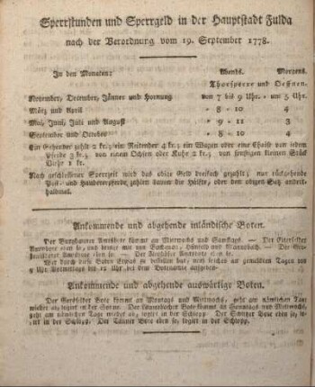 Sperrstunden und Sperrgeld in der Hauptstadt Fulda nach der Verordnung vom 19. September 1778.