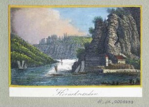 Ansicht von Herrnskretschen, Lithografie, um 1840 : Hernskretschen. [S.l.], [um 1840]. - 1 Kunstbl. : kol. Lithogr. ; 8,1 x 5,5 cm.