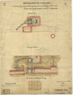 Düsseldorfer Kanalbau. Entwurf zu einer Pumpstation im Hofgarten mit 2 Zentrifugalpumpen von 0,21m Rohrweite.