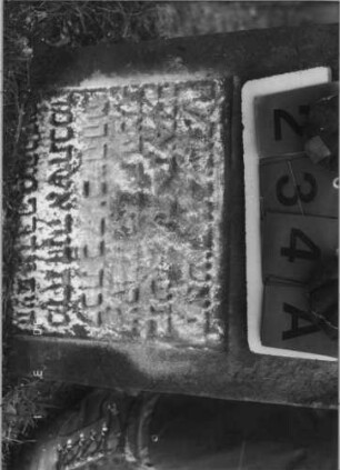 Grabstein 234 (Index: 100115133) Material: Sandstein Zustand: stärker verwittert und eingesunken Maße HxBxT: 54x51x8 cm Beschreibung: Stele mit dreigeteiltem Rundbogen: Grabstein 234A