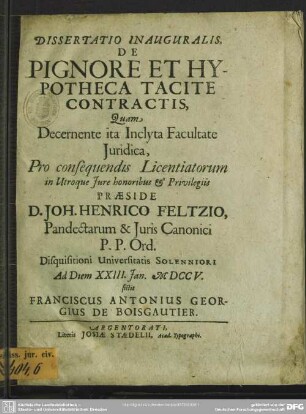 Dissertatio Inauguralis De Pignore Et Hypotheca Tacite Contractis
