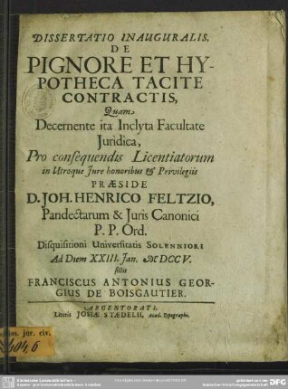 Dissertatio Inauguralis De Pignore Et Hypotheca Tacite Contractis