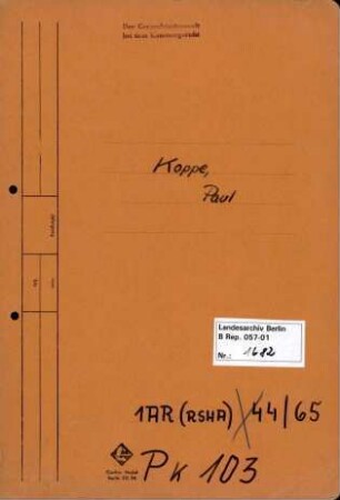 Personenheft Paul Koppe (*25.05.1897), Polizeiobersekretär