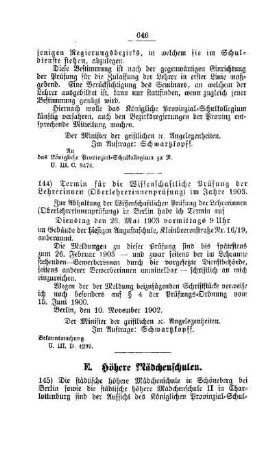 Unterstellung höherer Mädchenschulen unter die Aufsicht von Provinzial-Schulkollegien : [E. Höhere Mädchenschulen]