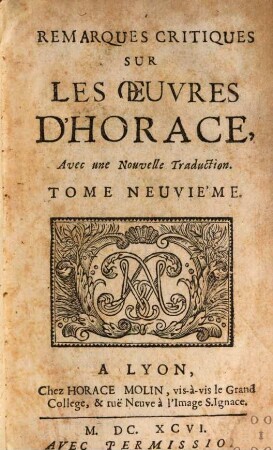Remarques critiques sur les oeuvres d'Horace : avec une nouvelle traduction. 9
