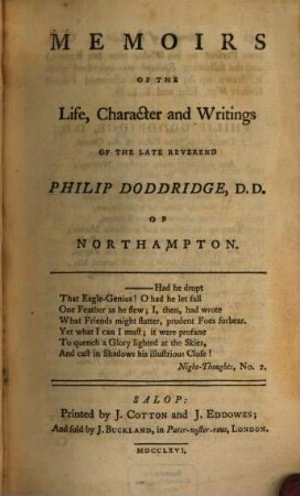 Memoirs of the life, character and writings of the late Reverend Philip Doddridge, D.D. of Northampton