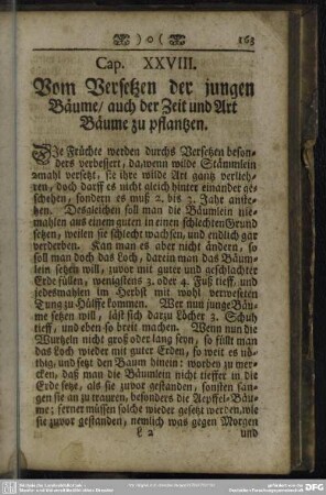 Cap. XXVIII. Vom Versetzen der jungen Bäume, auch der Zeit und Art Bäume zu pflantzen