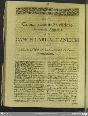 No. IV. Copia litterarum Salvii de 29. Septembris, Anno 1638. Ad Cancellarium Danicum