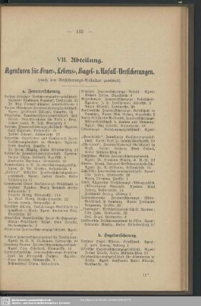VII. Abteilung. Agenturen für Feuer-, Lebens-, Hagel- u. Unfall-Versicherungen