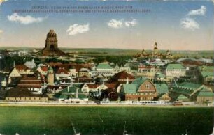 Leipzig: Blick von der russischen Kirche nach dem Völkerschlachtdenkmal, Krematorium und internat. Baufach-Ausstellung