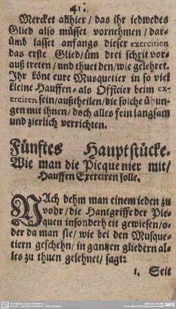 Fünftes Hauptstücke. Wie man die Picquenier mit/Hauffen Exerciren solle.