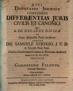 Disputatio Juridica Continens Differentias Juris Civilis Et Canonici