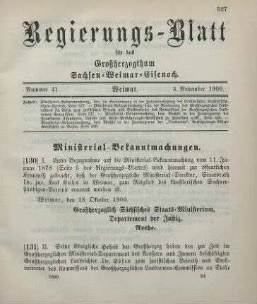 131. Ministerial-Bekanntmachung, betreffend die Ernennung des Großherzoglichen Landrichters Dr. Ebsen zum juristischen Beirath und Stellvertreter des Kommissars der Großherzoglichen Landarmen-Kommission
